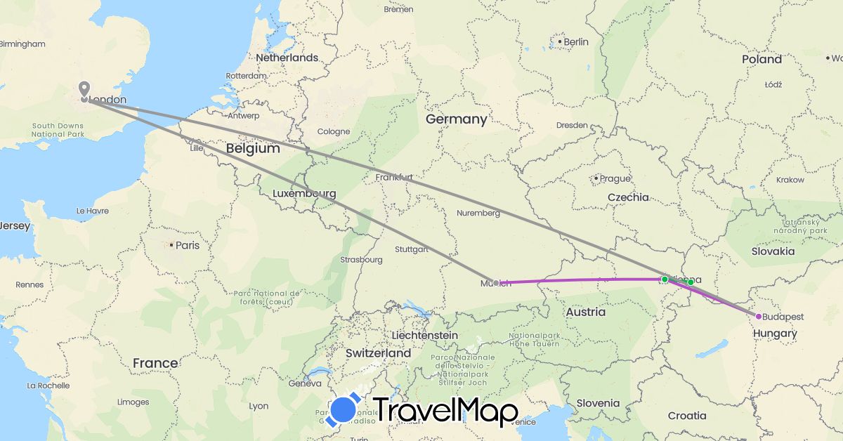 TravelMap itinerary: driving, bus, plane, train in Austria, Germany, United Kingdom, Hungary, Slovakia (Europe)