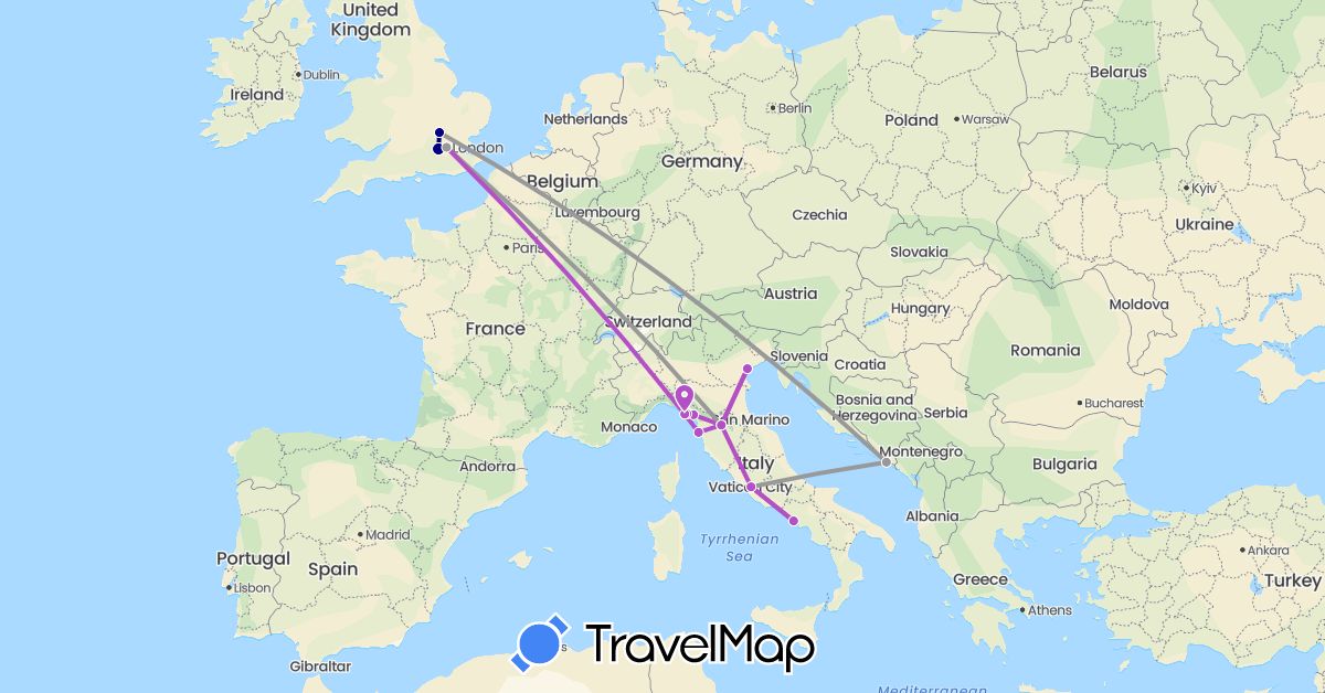 TravelMap itinerary: driving, plane, train in United Kingdom, Croatia, Italy (Europe)