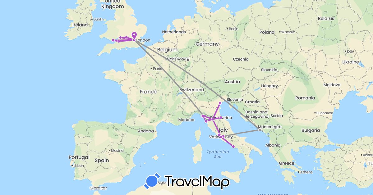 TravelMap itinerary: driving, plane, train in United Kingdom, Croatia, Italy, San Marino (Europe)