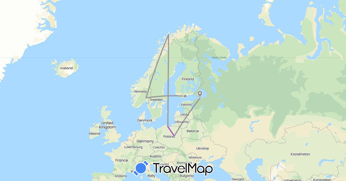 TravelMap itinerary: driving, plane, train in Finland, Norway, Poland, Russia (Europe)