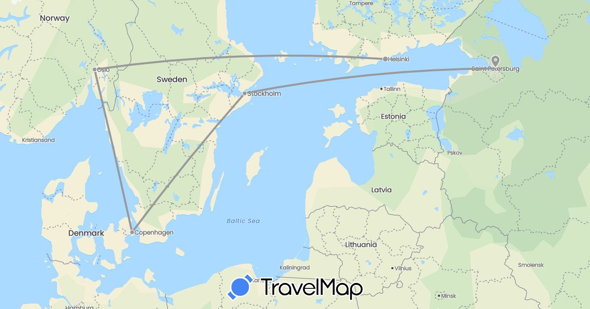 TravelMap itinerary: plane in Denmark, Finland, Norway, Russia, Sweden (Europe)