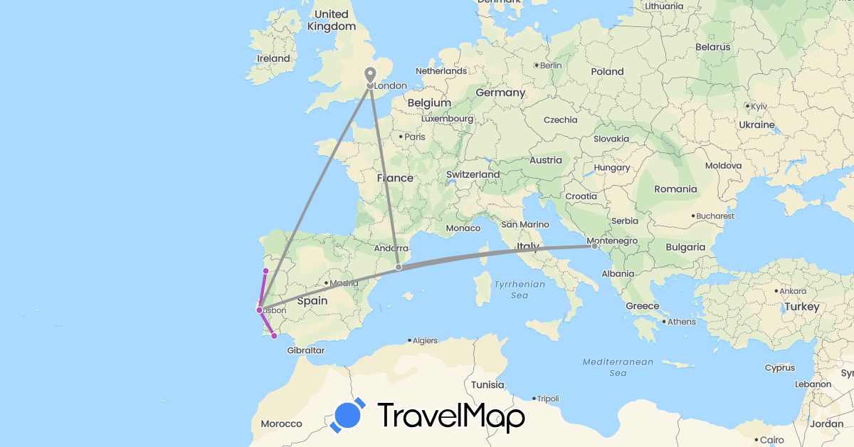 TravelMap itinerary: driving, plane, train in Spain, United Kingdom, Croatia, Portugal (Europe)