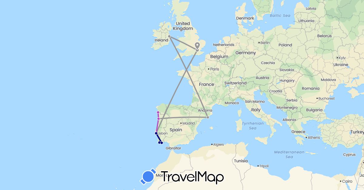 TravelMap itinerary: driving, plane, train in Spain, United Kingdom, Ireland, Portugal (Europe)