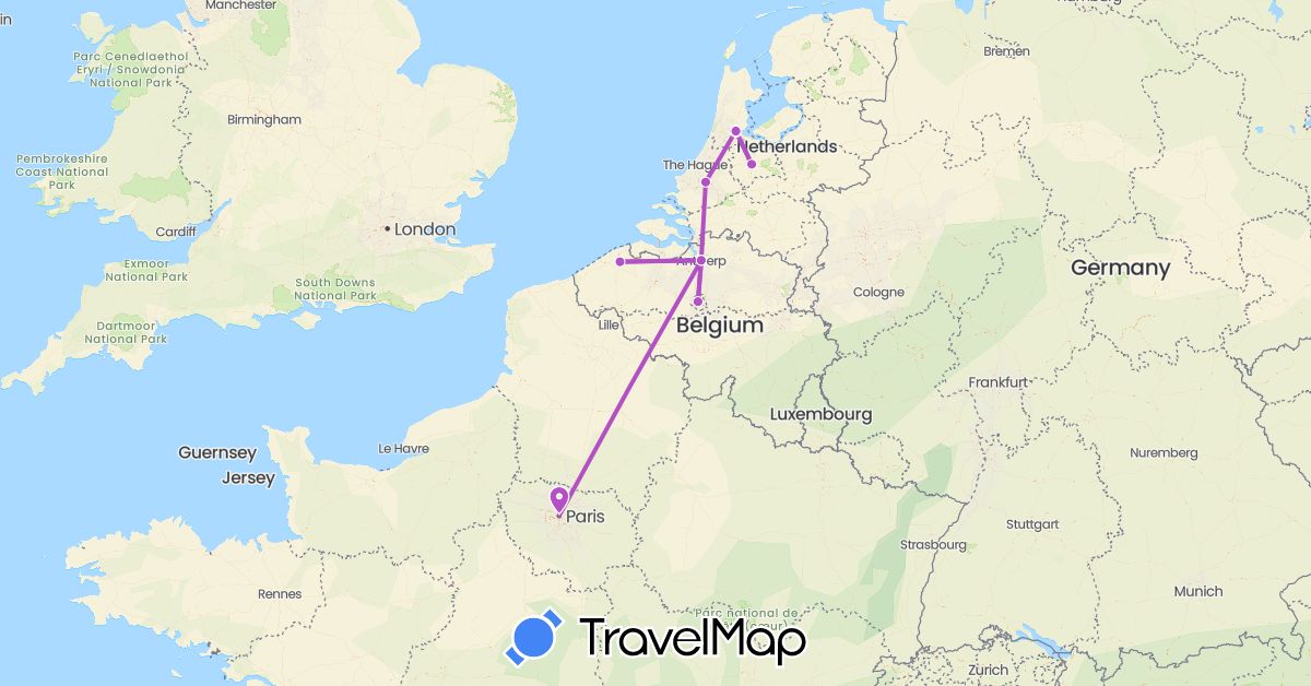 TravelMap itinerary: driving, train in Belgium, France, Netherlands (Europe)