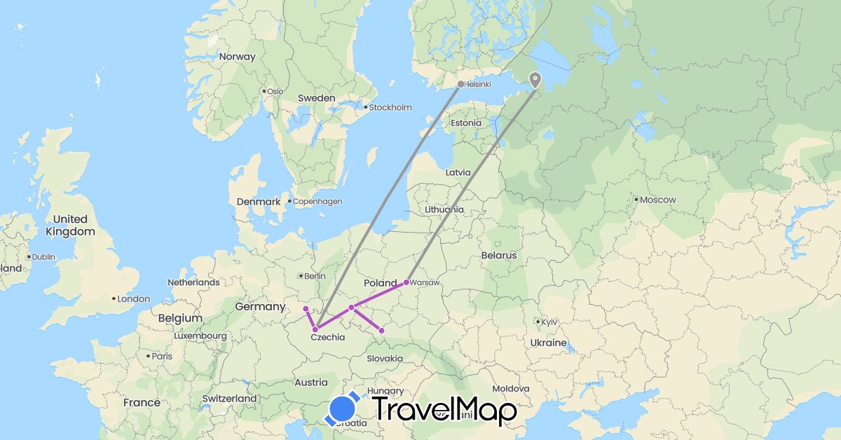 TravelMap itinerary: driving, plane, train in Czech Republic, Germany, Finland, Poland, Russia (Europe)