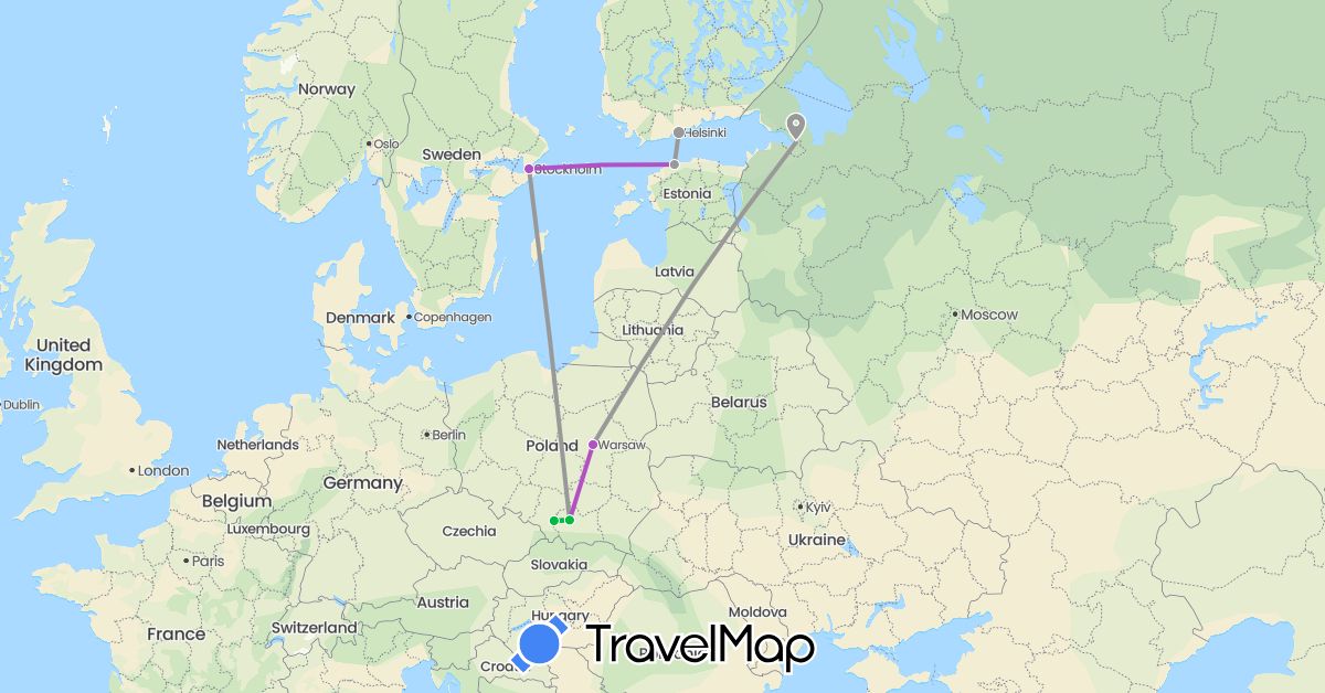 TravelMap itinerary: driving, bus, plane, train in Estonia, Finland, Poland, Russia, Sweden (Europe)