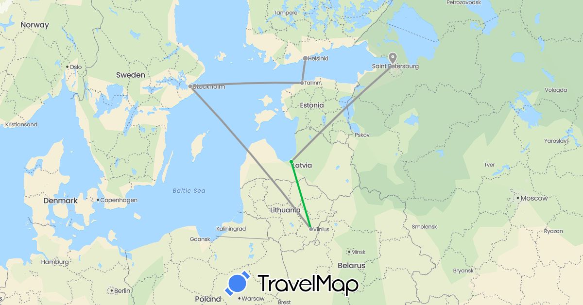 TravelMap itinerary: driving, bus, plane in Estonia, Finland, Lithuania, Latvia, Russia, Sweden (Europe)