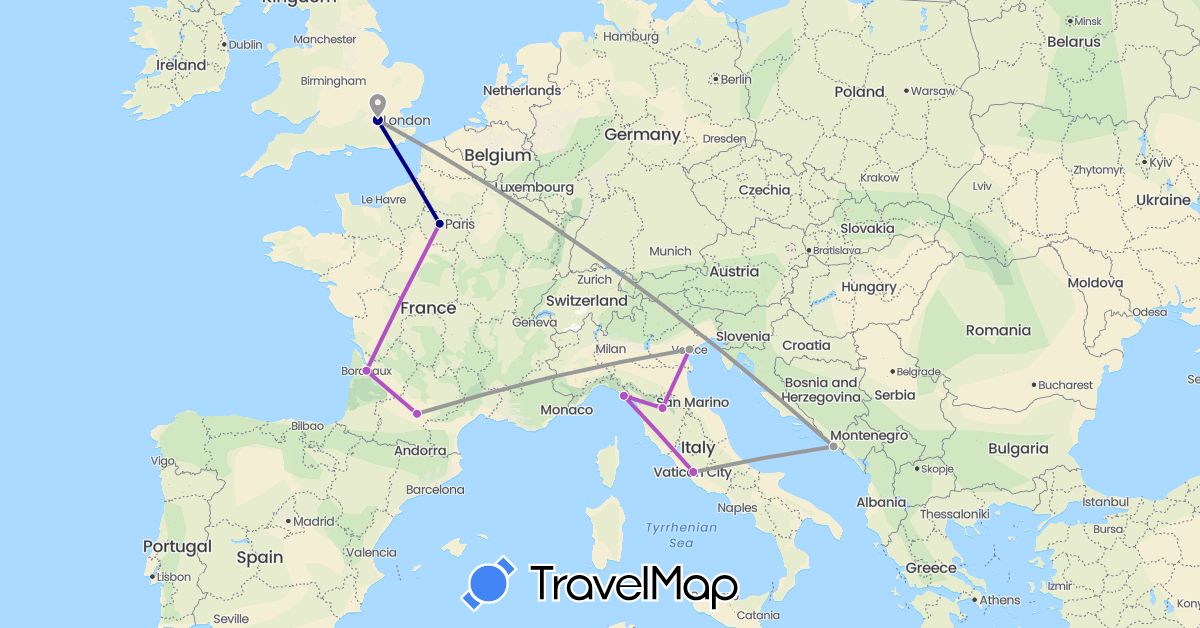 TravelMap itinerary: driving, plane, train in France, United Kingdom, Croatia, Italy (Europe)