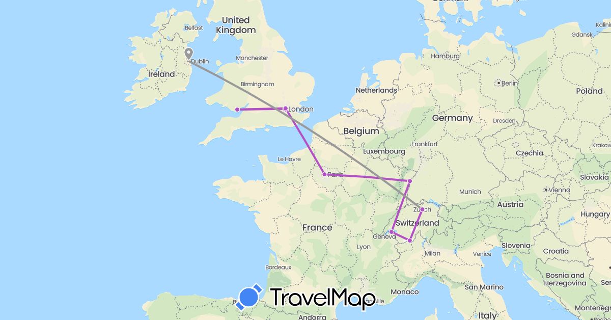 TravelMap itinerary: driving, plane, train in Switzerland, France, United Kingdom, Ireland (Europe)