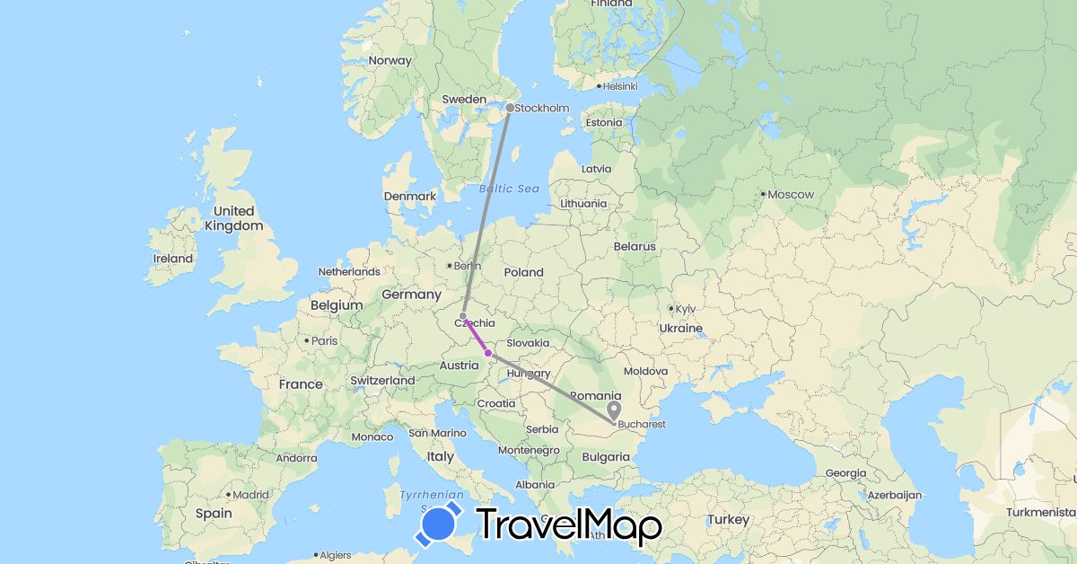 TravelMap itinerary: driving, plane, train in Austria, Czech Republic, Romania, Sweden (Europe)