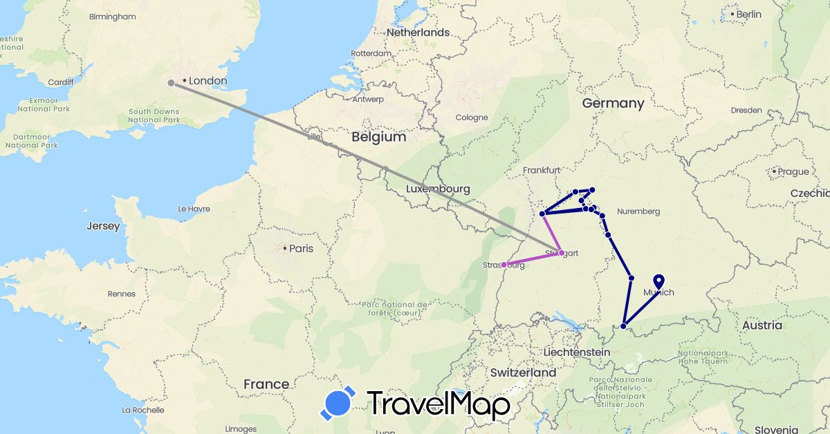 TravelMap itinerary: driving, plane, train in Germany, France, United Kingdom (Europe)