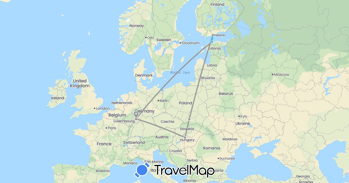 TravelMap itinerary: driving, plane, boat in Germany, Estonia, Finland, Hungary, Poland (Europe)