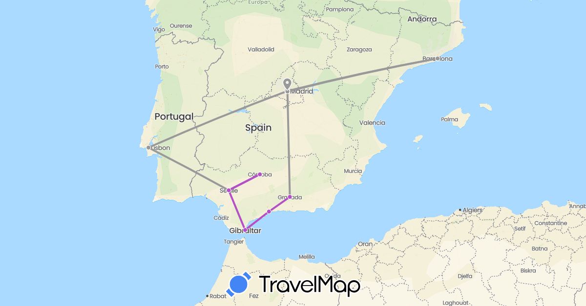 TravelMap itinerary: driving, plane, train in Spain, Gibraltar, Portugal (Europe)