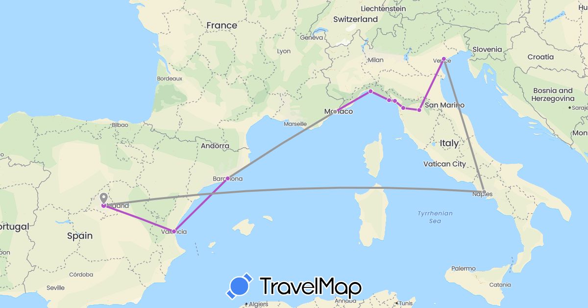 TravelMap itinerary: driving, plane, train in Spain, France, Italy (Europe)